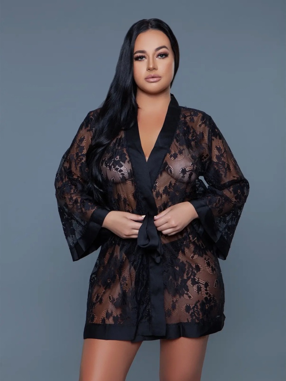 Plus Sheer Lace Tie-Waist Robe - Black